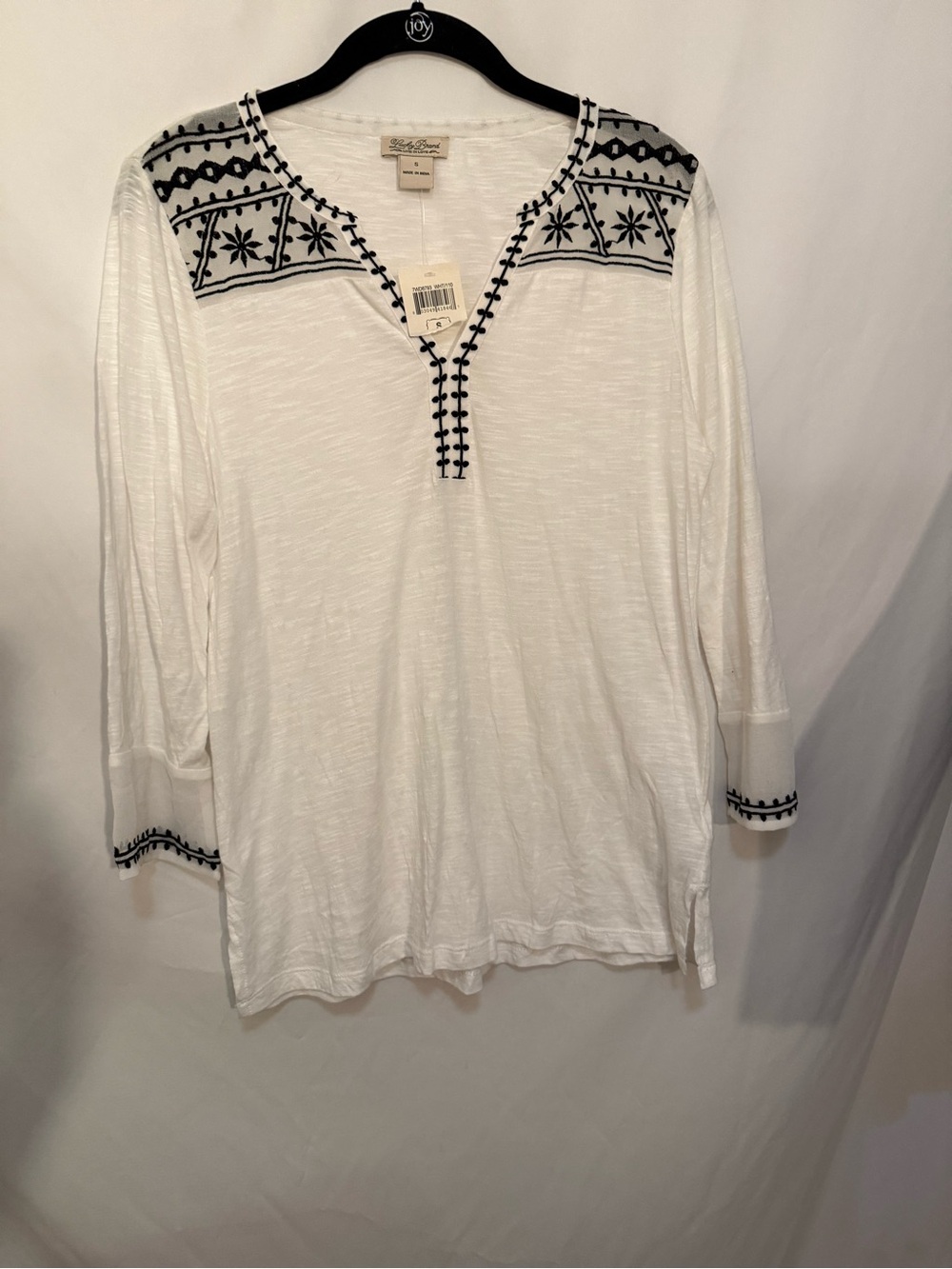 Lucky Brand White Tunic with Black Embroidered and Sheer Yoke and Cuffs Sz S